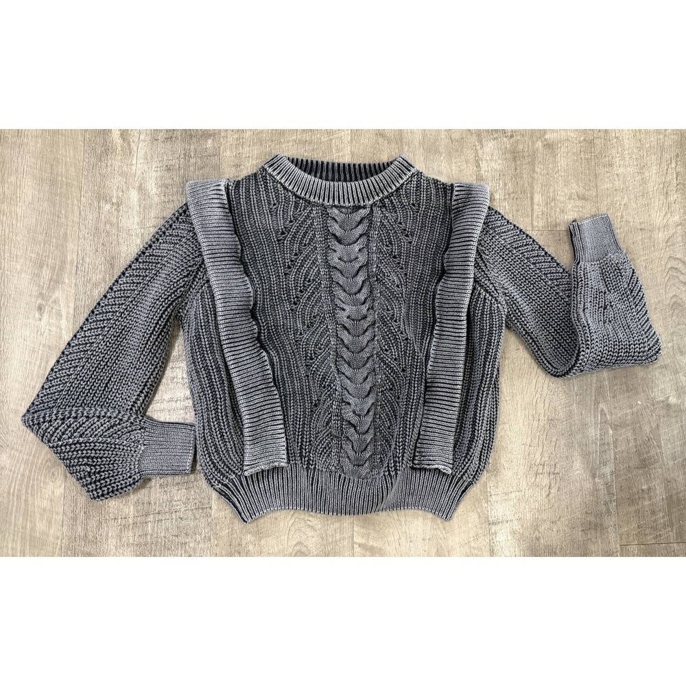 Evereve Gray Cable Knit Pullover Women's Sweater Shoulder Ruffle Large